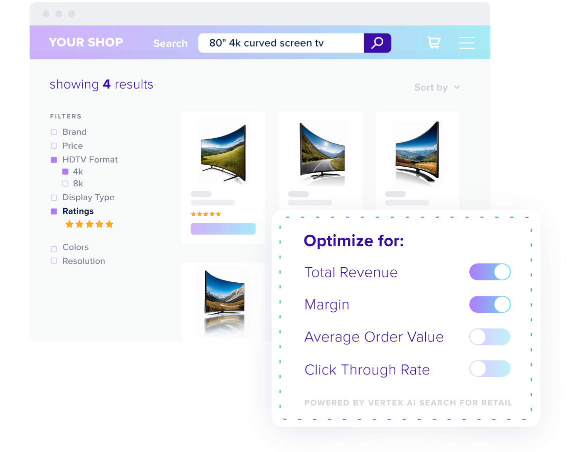 GroupBy eCommerce Search showing accurate search results for '80 inch 4k curved screened tv'. Optimized for total revenue and margin