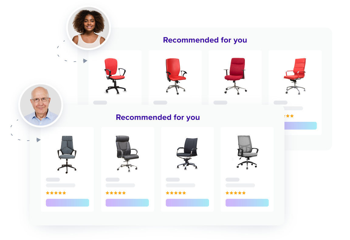 GroupBy's recommendations AI provides relevant and personalized product recommendations. Graphic shows two online shoppers searching for office chairs. Each shopper has been recommended unique results tailored to their own tastes